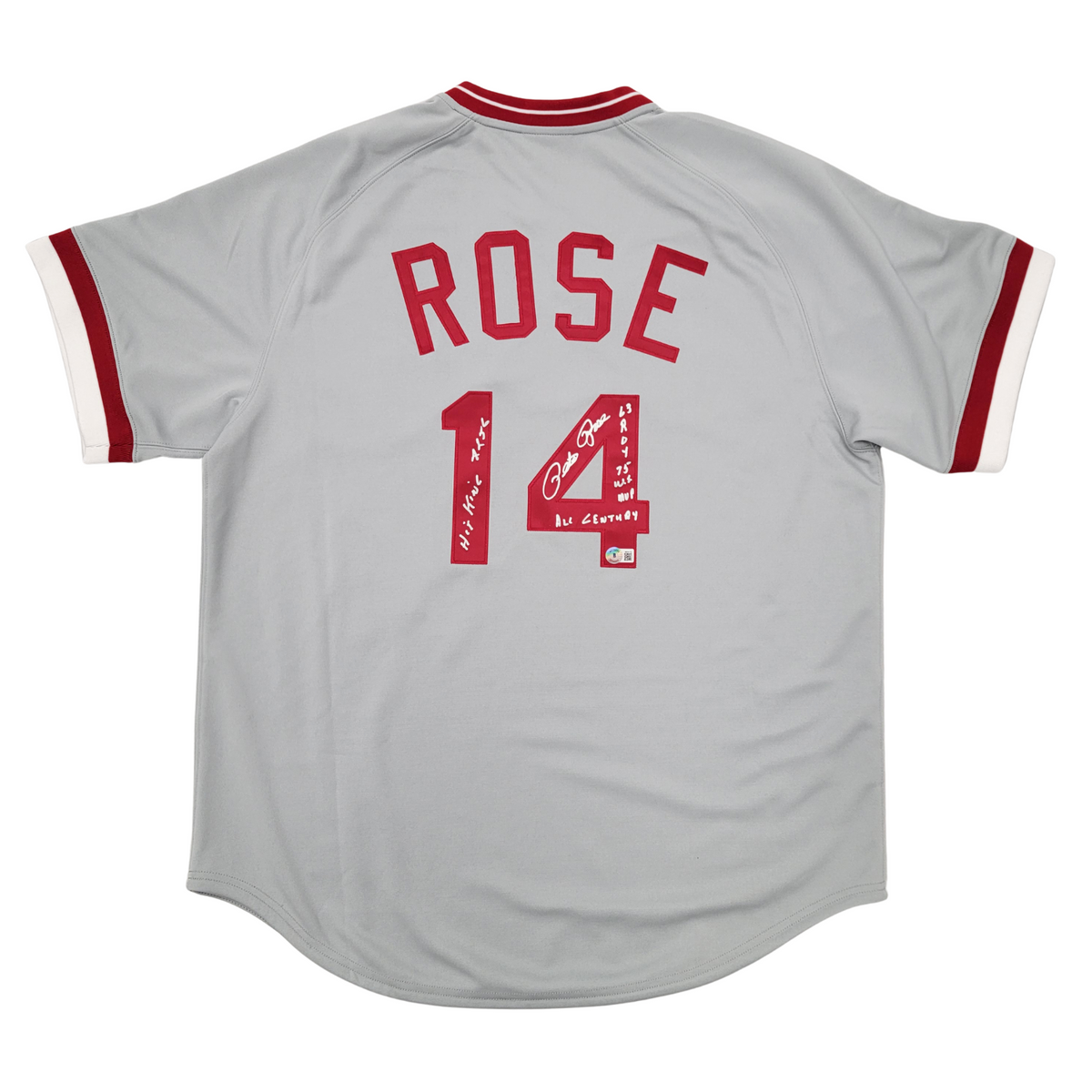 Pete Rose Signed Cincinnati Reds 1975 Mitchell & Ness Gray Authentic Jersey W/ 4 Inscriptions - Beckett-Powers Sports Memorabilia