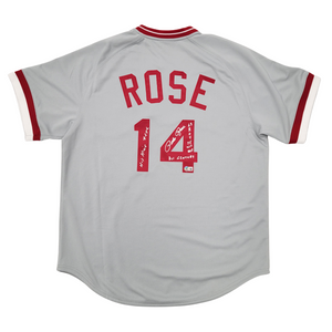 Pete Rose Signed Cincinnati Reds 1975 Mitchell & Ness Gray Authentic Jersey W/ 4 Inscriptions - Beckett-Powers Sports Memorabilia