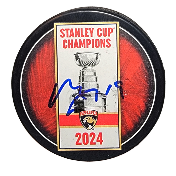 Matthew Tkachuk Signed Florida Panthers 2024 Stanley Cup Champions Banner Hockey Puck Beckett-Powers Sports Memorabilia