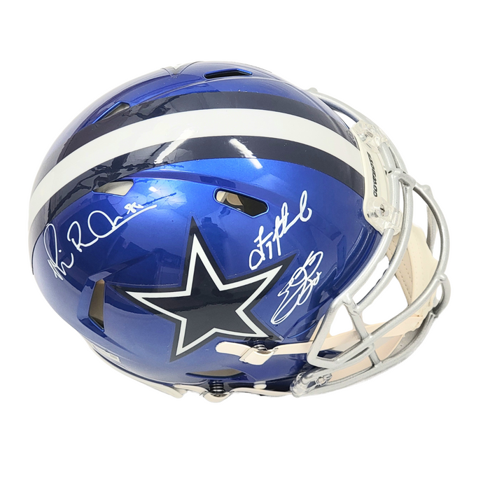 Troy Aikman Michael Irvin & Emmitt Smith Signed Dallas Cowboys Flash Authentic Full Size Helmet Fanatics Beckett-Powers Sports Memorabilia