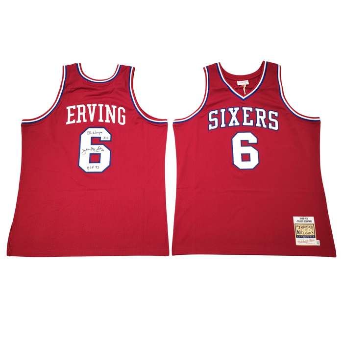 Julius Erving Signed Philadelphia 76ers Mitchell & Ness Authentic Red Jersey W/HOF 93 & 83 Champs - Beckett-Powers Sports Memorabilia
