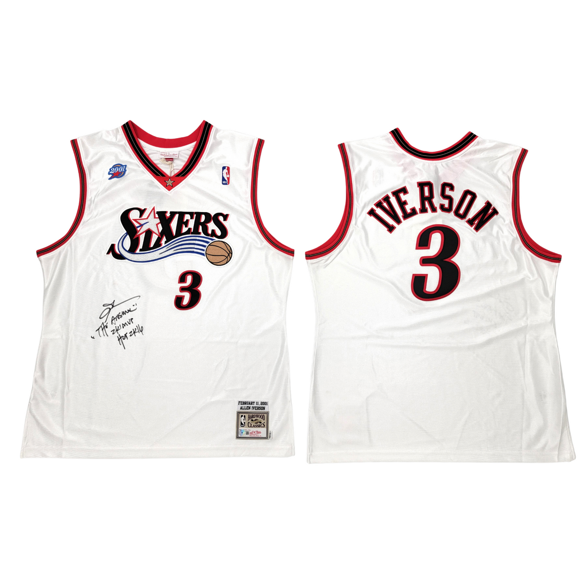 Allen Iverson Autographed Philadelphia 76ers Mitchell & Ness White 2001 Authentic Jersey W/ The Answer, 2K1 MVP, & HOF 2K16 Beckett Witnessed-Powers Sports Memorabilia