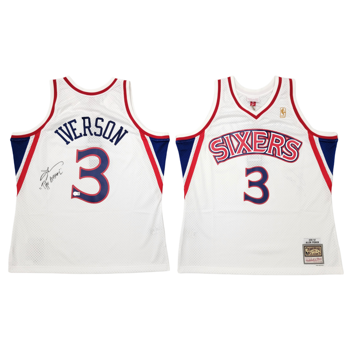 Allen Iverson Autographed Philadelphia 76ers Mitchell & Ness White 1996-97 Swingman Jersey W/ The Answer Beckett Witnessed #7-Powers Sports Memorabilia