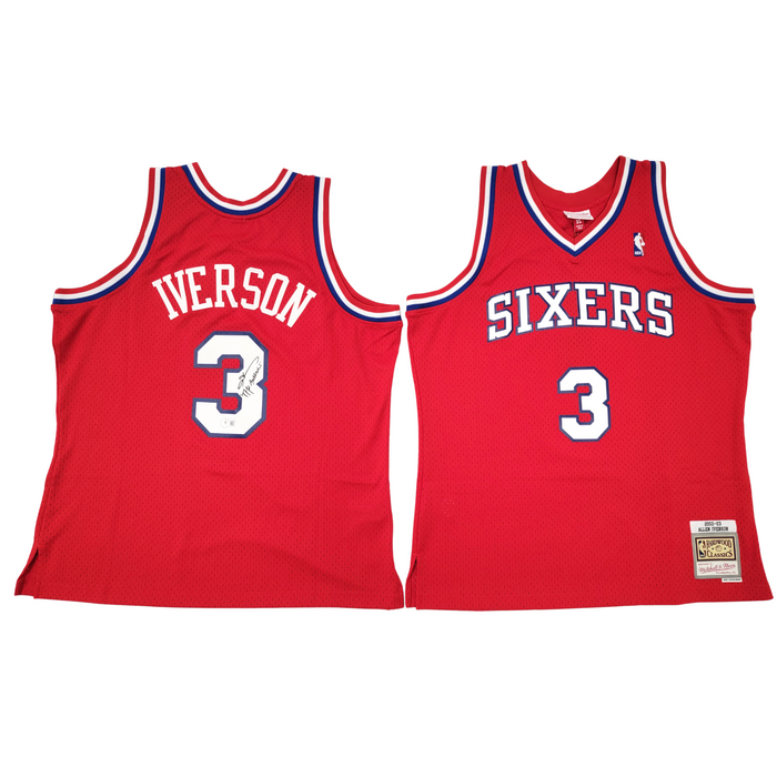 Allen Iverson Signed Philadelphia 76ers Red 2002-03 Mitchell & Ness Swingman Jersey W/ The Answer - Beckett-Powers Sports Memorabilia