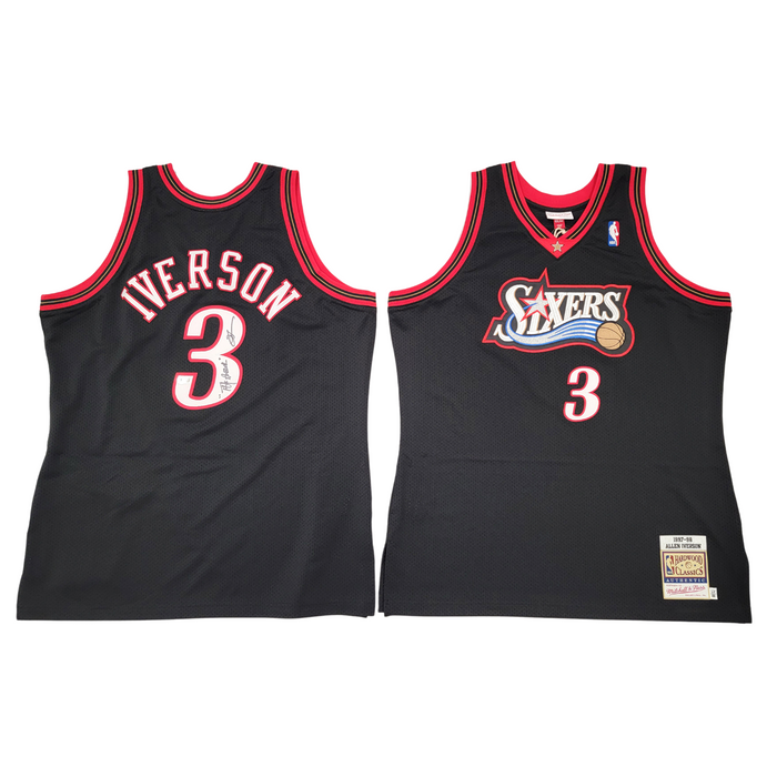 Allen Iverson Signed Philadelphia 76ers Black 1997-98 Mitchell & Ness Authentic Jersey W/ The Answer - Beckett-Powers Sports Memorabilia