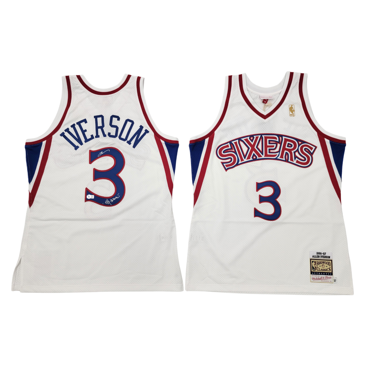 Allen Iverson Signed Philadelphia 76ers White 1996-97 Mitchell & Ness Authentic Jersey W/ The Answer - Beckett-Powers Sports Memorabilia
