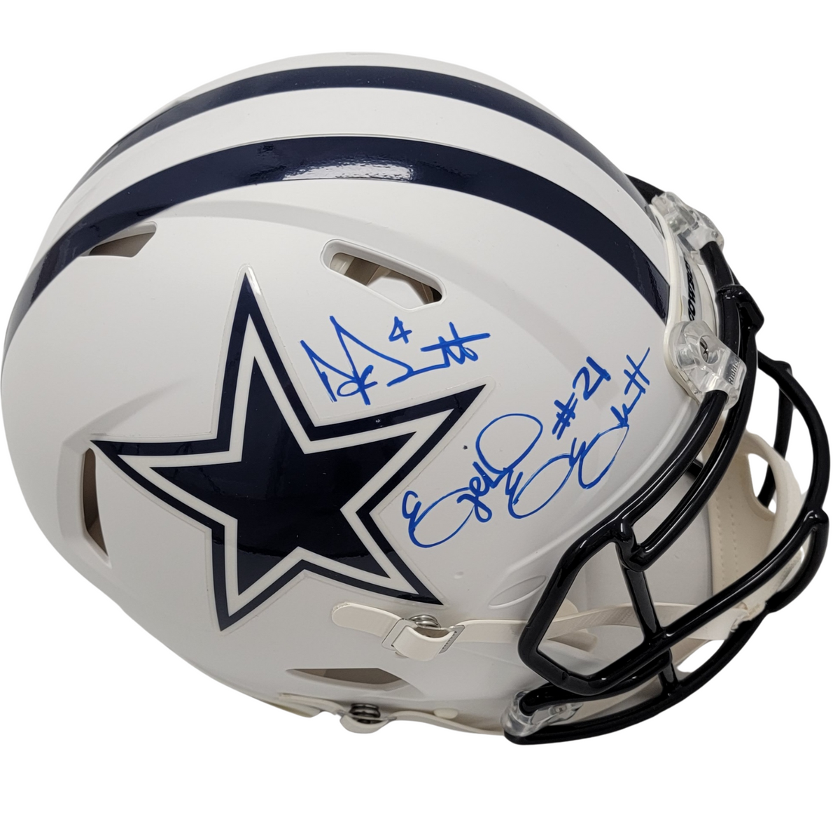 Dak Prescott & Ezekiel Elliott Autographed Dallas Cowboys Riddell Flat Matte White Authentic Helmet Beckett Witnessed-Powers Sports Memorabilia