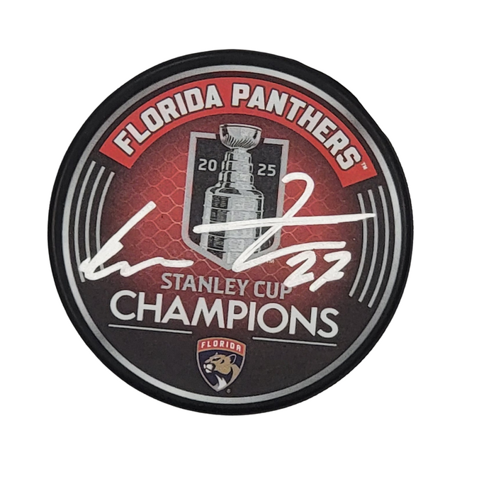 Eetu Luostarinen Signed Florida Panthers 2025 Stanley Cup Champions Hockey Puck JSA-Powers Sports Memorabilia