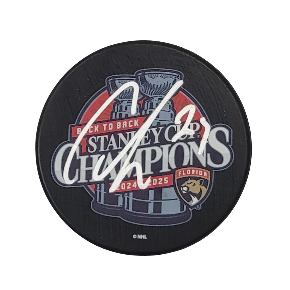 Carter Verhaeghe Signed Florida Panthers 2025 Back To Back Champions Hockey Puck Beckett-Powers Sports Memorabilia