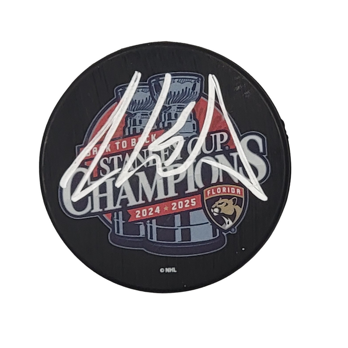 Aaron Ekblad Signed Florida Panthers 2025 Back To Back Stanley Cup Champions Hockey Puck Beckett-Powers Sports Memorabilia
