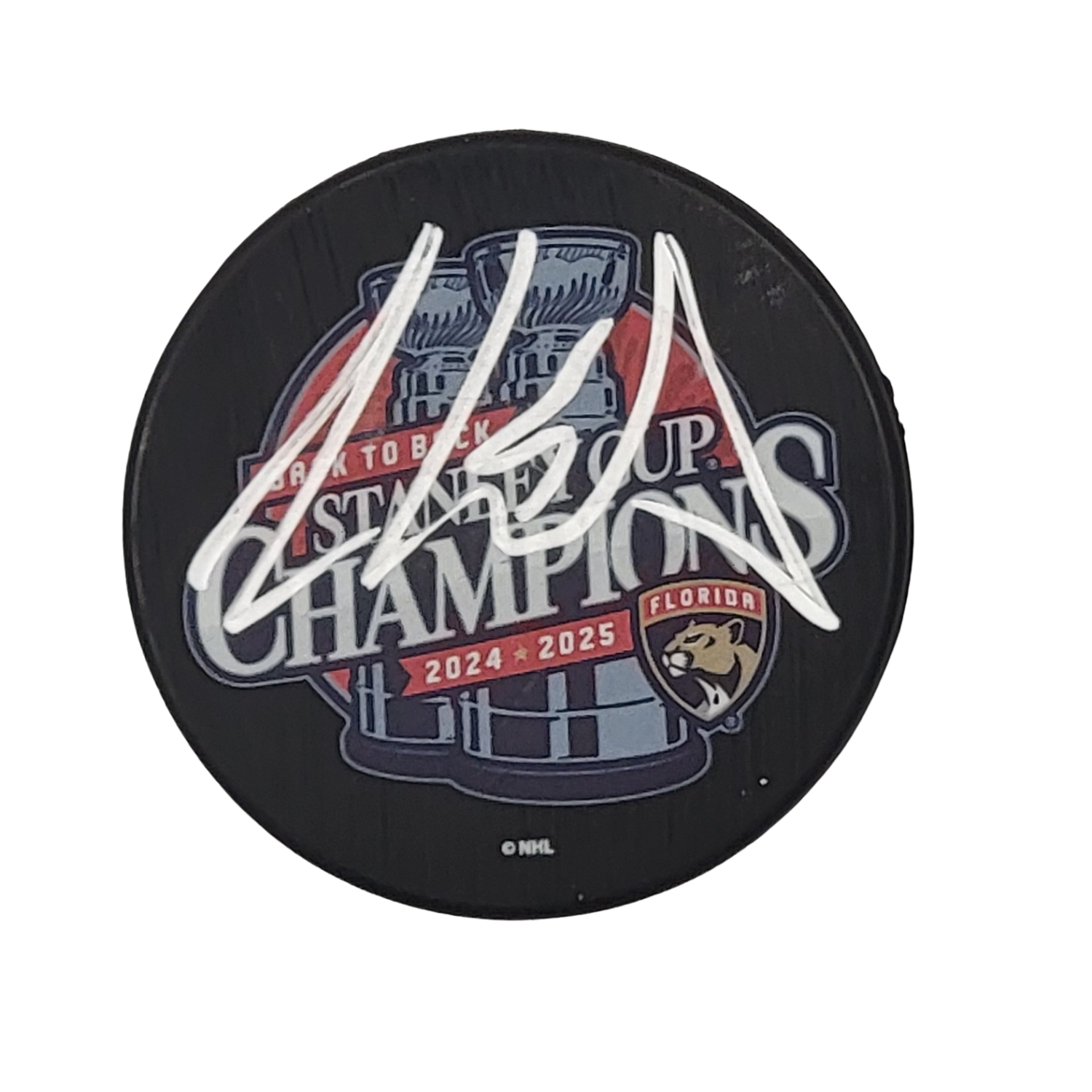 Aaron Ekblad Signed Florida Panthers 2025 Back To Back Stanley Cup Champions Hockey Puck Beckett-Powers Sports Memorabilia