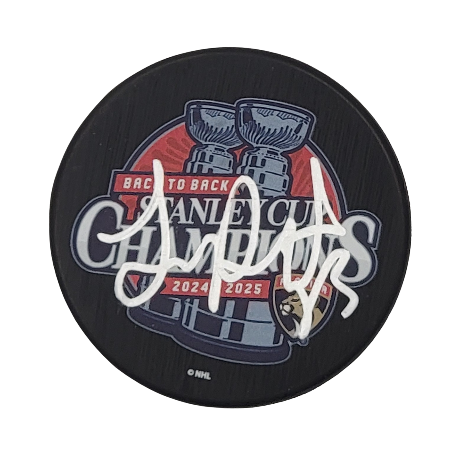 Sam Reinhart Signed Florida Panthers 2025 Back To Back Stanley Cup Champions Hockey Puck Beckett-Powers Sports Memorabilia