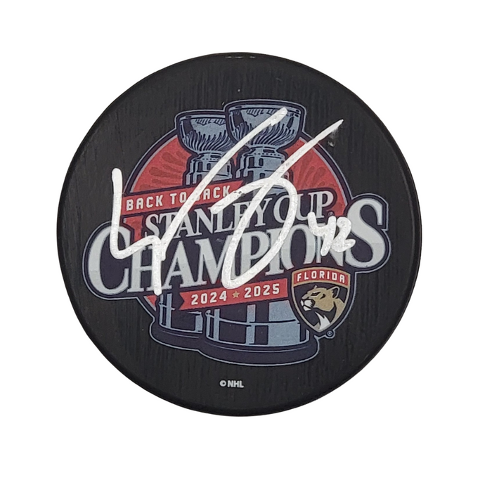 Gustav Forsling Signed Florida Panthers 2025 Back To Back Stanley Cup Champions Hockey Puck Beckett-Powers Sports Memorabilia