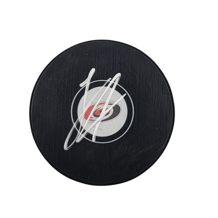 Logan Stankoven Signed Carolina Hurricanes Logo Hockey Puck Beckett-Powers Sports Memorabilia
