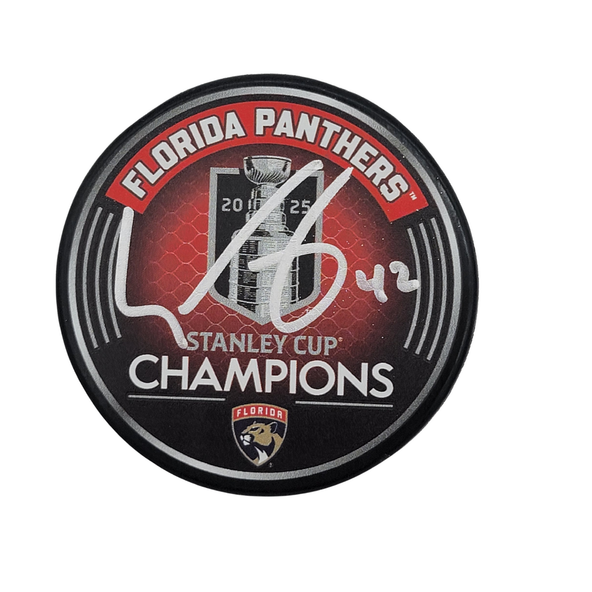 Gustav Forsling Signed Florida Panthers 2025 Stanley Cup Champions Hockey Puck-Powers Sports Memorabilia