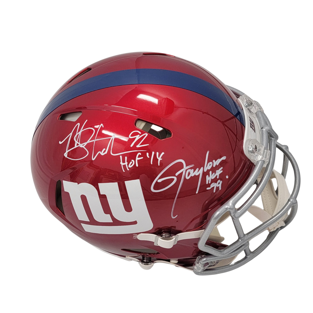 Lawrence Taylor & Michael Strahan Autographed New York Giants Riddell Authentic Flash Helmet W/ HOF 99 HOF 14 Beckett Witnessed-Powers Sports Memorabilia