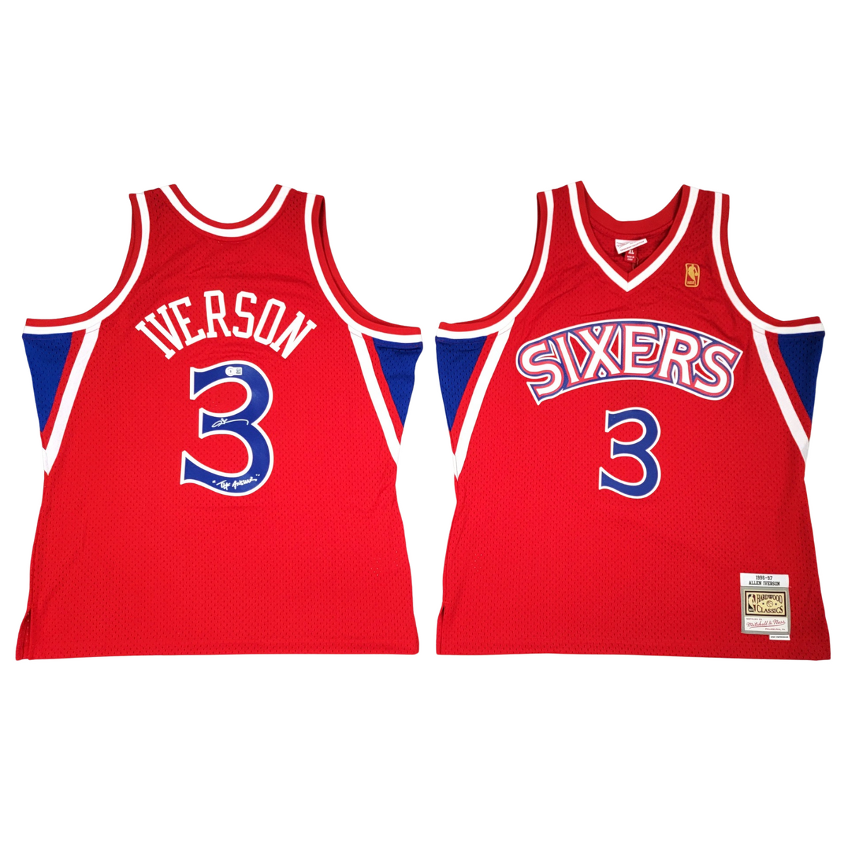 Allen Iverson Autographed Philadelphia 76ers Mitchell & Ness Red 1996-97 Swingman Jersey W/ The Answer Beckett Witnessed-Powers Sports Memorabilia