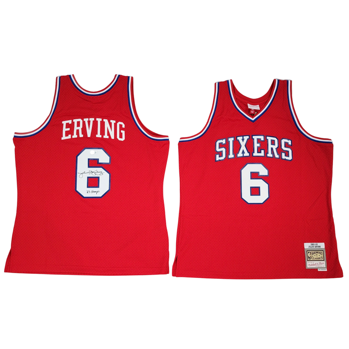 Julius Dr. J Erving Autographed Philadelphia 76ers Red 1982-83 Mitchell & Ness Swingman Jersey W/ 83 Champs Beckett Witnessed-Powers Sports Memorabilia