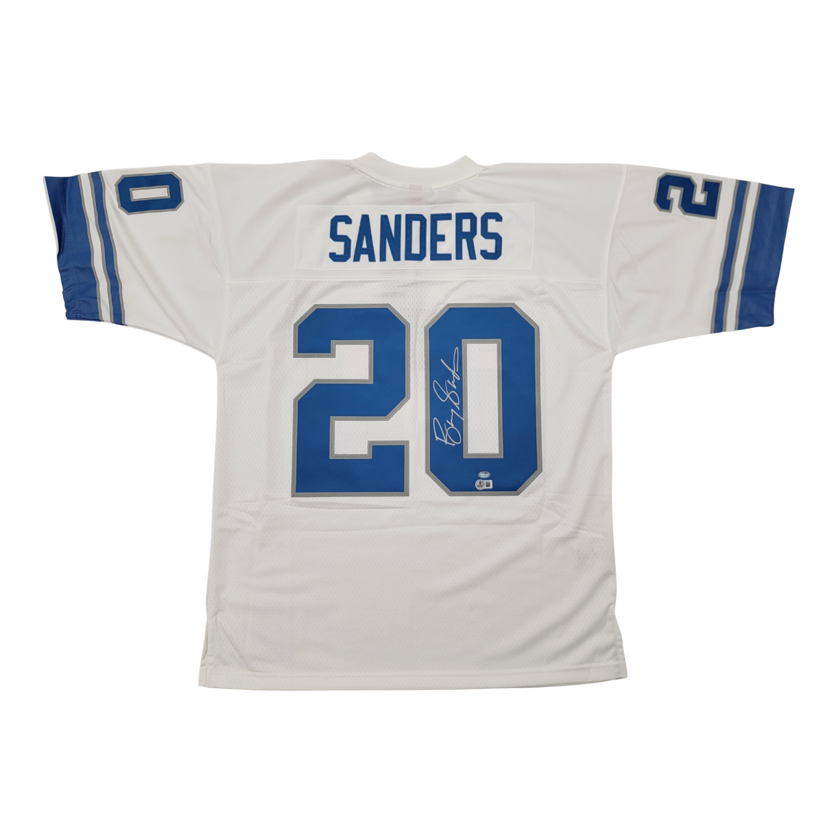 Barry Sanders Signed Detroit Lions 1996 Mitchell & Ness White Throwback Jersey Beckett-Powers Sports Memorabilia