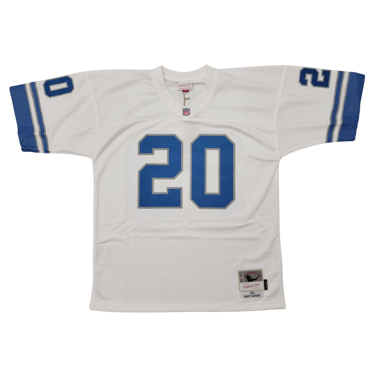 Barry Sanders Signed Detroit Lions 1996 Mitchell & Ness White Throwback Jersey Beckett-Powers Sports Memorabilia