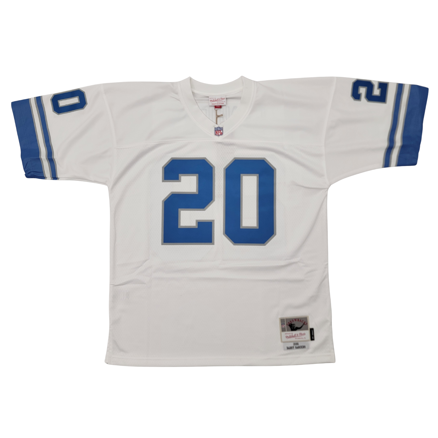 Barry Sanders Signed Detroit Lions 1996 Mitchell & Ness White Throwback Jersey Beckett-Powers Sports Memorabilia
