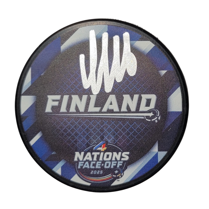 Aleksander Barkov Signed 2025 Finland 4 Nations Face Off Hockey Puck Beckett-Powers Sports Memorabilia