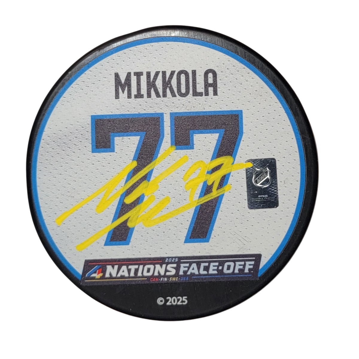 Niko Mikkola Signed 2025 Finland 4 Nations Face Off Hockey Puck Beckett-Powers Sports Memorabilia