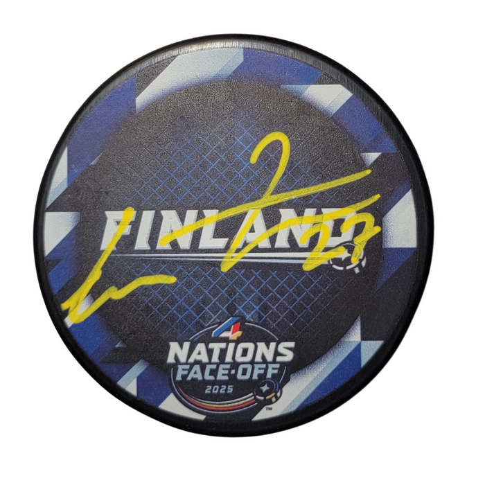 Eetu Luostarinen Signed Finland 2024 4 Nations Face Off Hockey Puck Beckett-Powers Sports Memorabilia