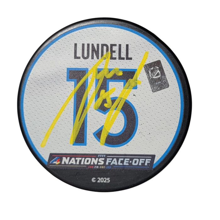Anton Lundell Signed 2025 Finland 4 Nations Face Off Hockey Puck Beckett-Powers Sports Memorabilia