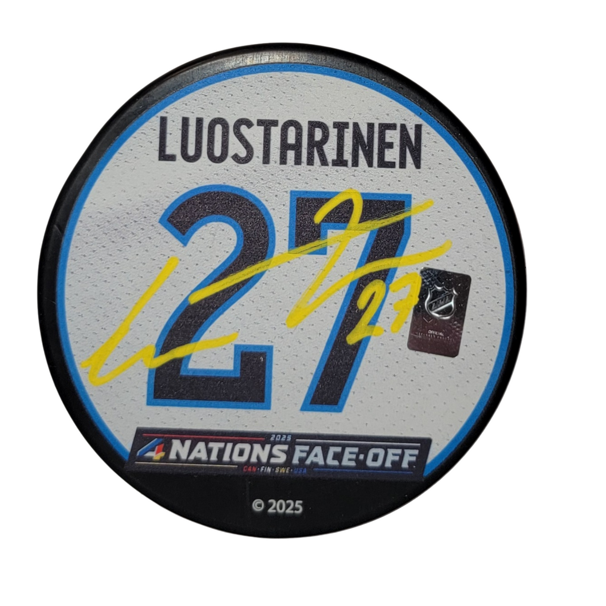 Eetu Luostarinen Signed 2024 Finland 4 Nations Face Off Hockey Puck Beckett-Powers Sports Memorabilia