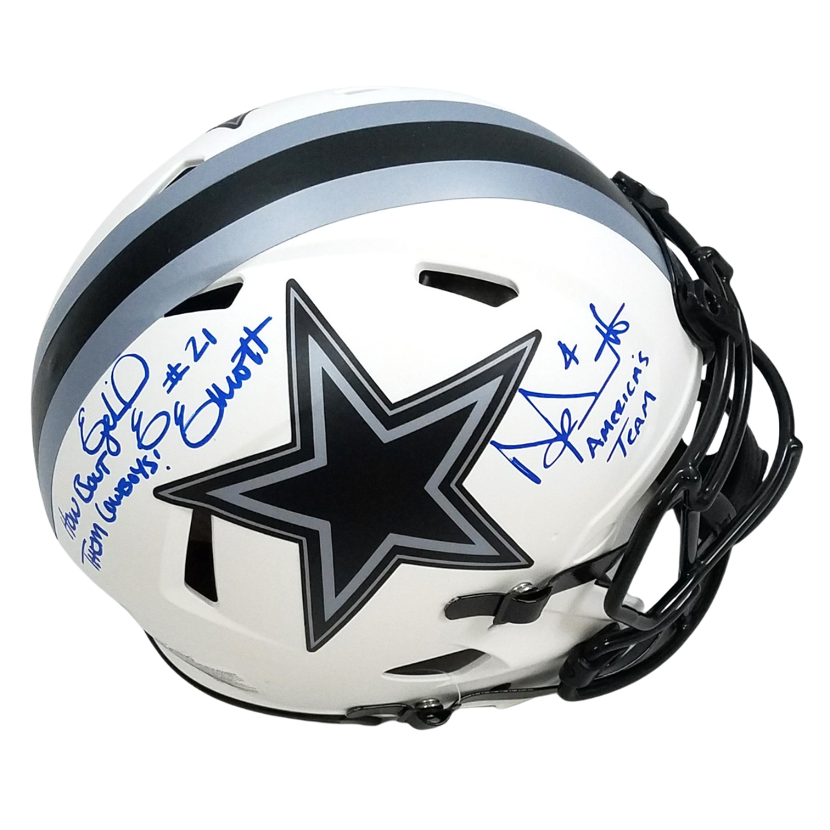 Dak Prescott & Ezekiel Elliott Autographed Dallas Cowboys Riddell Lunar Eclipse Authentic Helmet W/ Inscriptions Beckett Witnessed-Powers Sports Memorabilia
