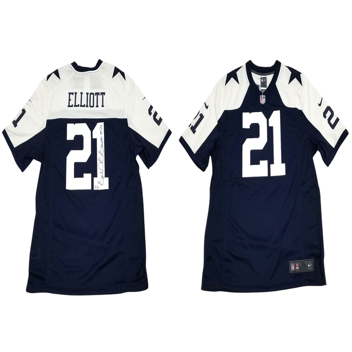 Ezekiel Elliott Signed Dallas Cowboys Nike Blue Thanksgiving Day Jersey - Beckett-Powers Sports Memorabilia