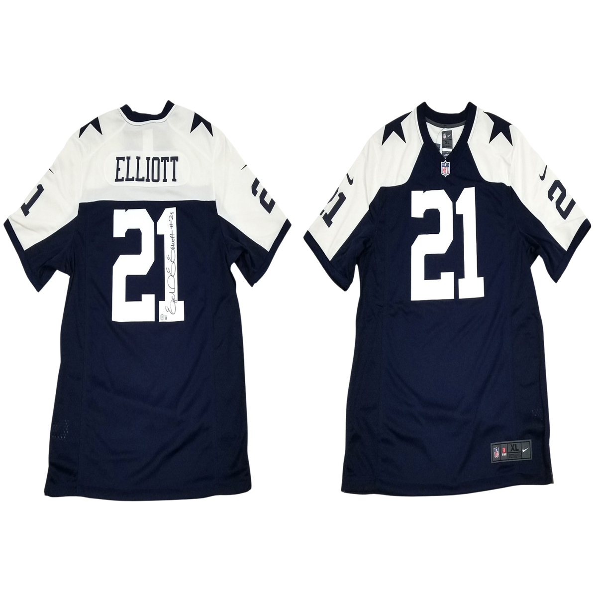 Ezekiel Elliott Autographed Dallas Cowboys Nike Blue Thanksgiving Day Jersey Beckett Witnessed-Powers Sports Memorabilia