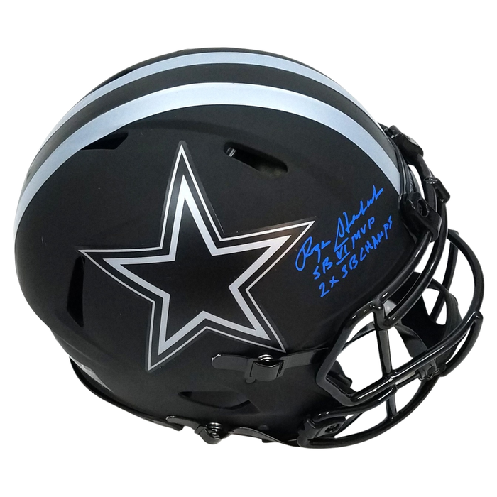 Roger Staubach Signed Dallas Cowboys Riddell Authentic Eclipse W/ SB VI MVP & 2X SB Champ Full Size Helmet - Beckett-Powers Sports Memorabilia