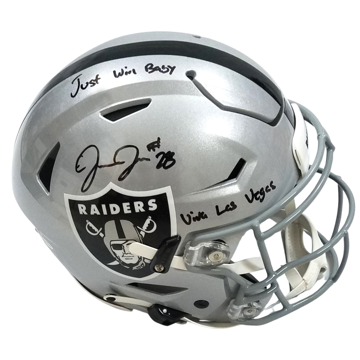 Josh Jacobs Autographed Las Vegas Raiders Riddell Speed Flex Helmet W/ Just Win Baby and Viva Las Vegas Beckett Witnessed-Powers Sports Memorabilia