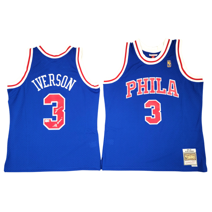 Allen Iverson Signed Philadelphia 76ers Mitchell & Ness Blue 1996-97 Swingman Jersey W/ The Answer - Beckett-Powers Sports Memorabilia