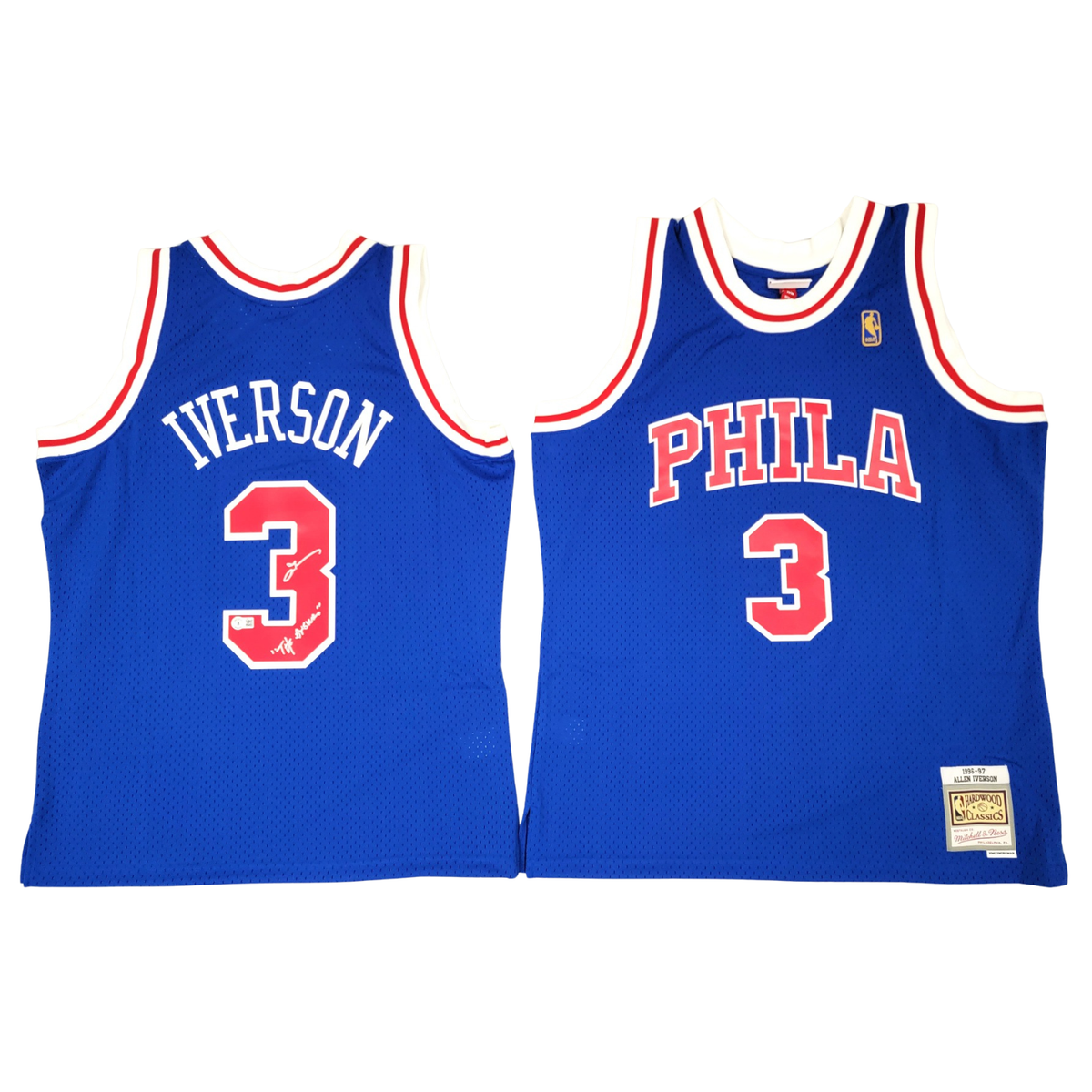 Allen Iverson Autographed Philadelphia 76ers Mitchell & Ness Blue 1996-97 Swingman Jersey W/ The Answer Beckett Witnessed-Powers Sports Memorabilia