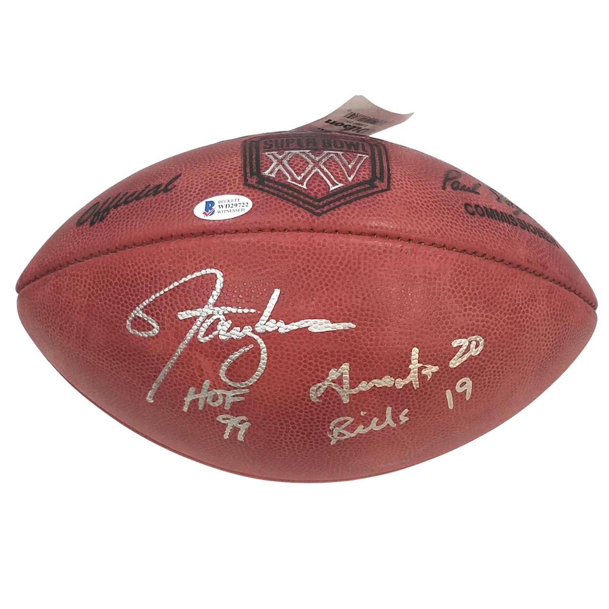 Lawrence Taylor Autographed New York Giants Super Bowl XXV Football W/ HOF 99, Giants 20 Bills 19 Beckett Witnessed-Powers Sports Memorabilia