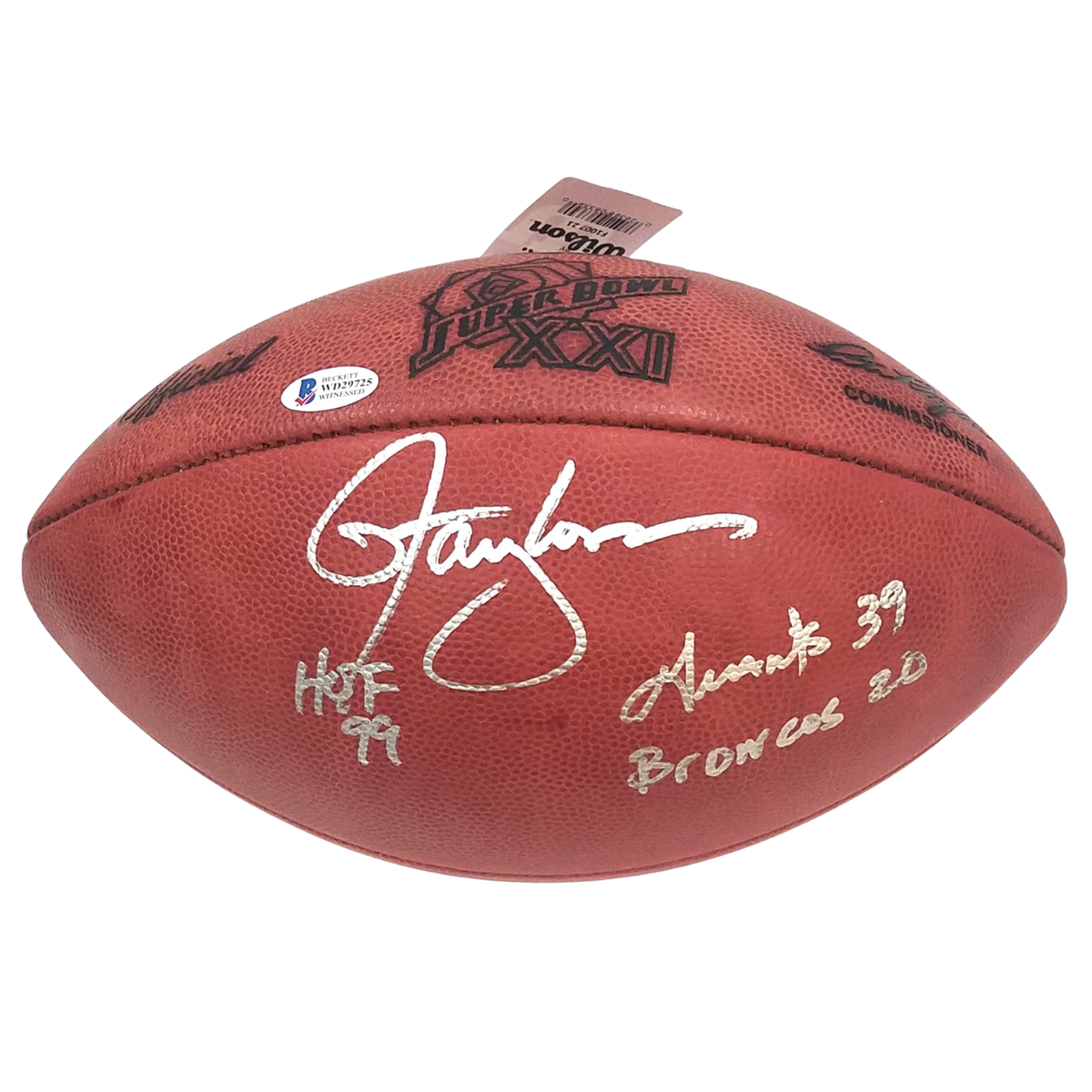 Lawrence Taylor Autographed New York Giants Super Bowl XXI Football W/ HOF 99, Giants 39 Broncos 20 Beckett Witnessed-Powers Sports Memorabilia