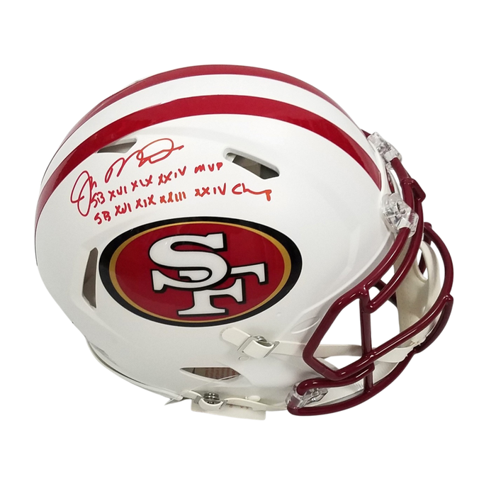 Joe Montana Signed San Francisco 49ers Riddell Matte Flat White Speed Authentic Full Size Helmet W/ SB XVI,XIX,XXIV MVP & SB XVI,XIX,XXIII,XXIV Champs - Beckett-Powers Sports Memorabilia