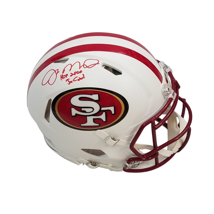 Joe Montana Signed San Francisco 49ers Riddell Matte Flat White Speed Authentic Full Size Helmet W/ HOF 2000 & Joe Cool - Beckett-Powers Sports Memorabilia