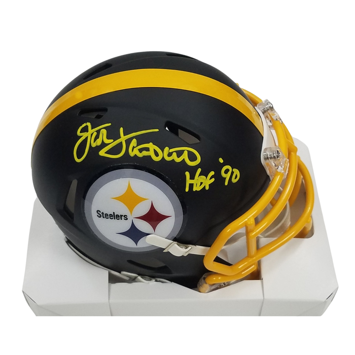 Jack Lambert Signed Pittsburgh Steelers Riddell Matte Flat Black Speed Mini Helmet W/ HOF 90 - Beckett-Powers Sports Memorabilia