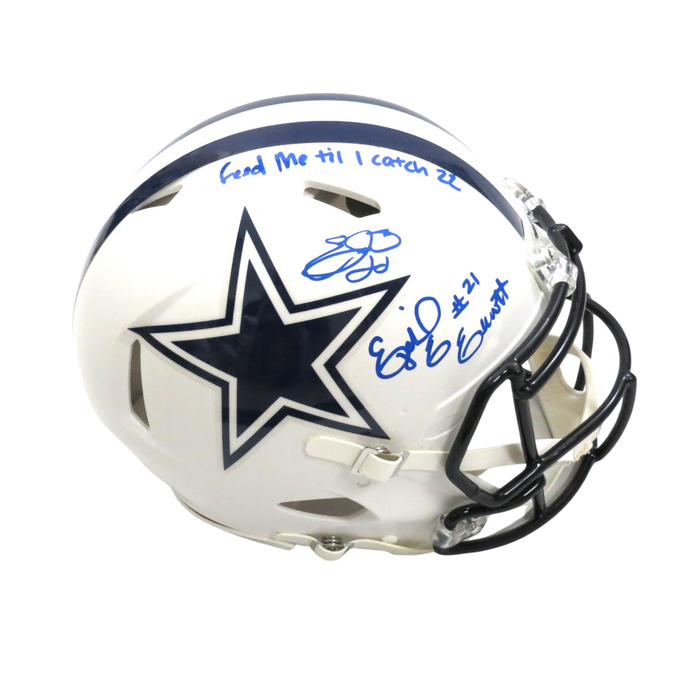 Emmitt Smith and Ezekiel Elliott Signed Dallas Cowboys Riddell Flat Matte White Speed Authentic Full Size Helmet W/ Feed Me Till I catch 22 Beckett Witness-Powers Sports Memorabilia