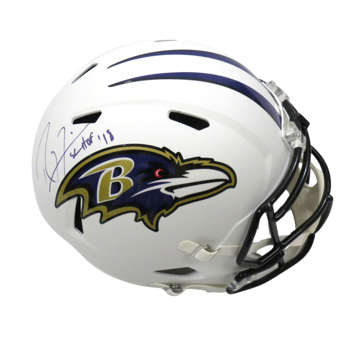 Ray Lewis Autographed Baltimore Ravens Riddell Flat Matte White Replica Helmet W/ HOF 18 Beckett Witness-Powers Sports Memorabilia
