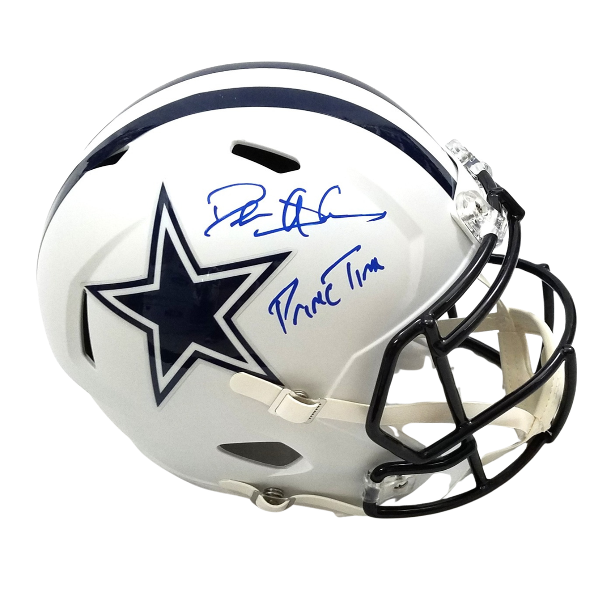 Deion Sanders Autographed Dallas Cowboys Riddell Flat Matte White Replica Helmet W/ Prime Time Beckett Witness-Powers Sports Memorabilia