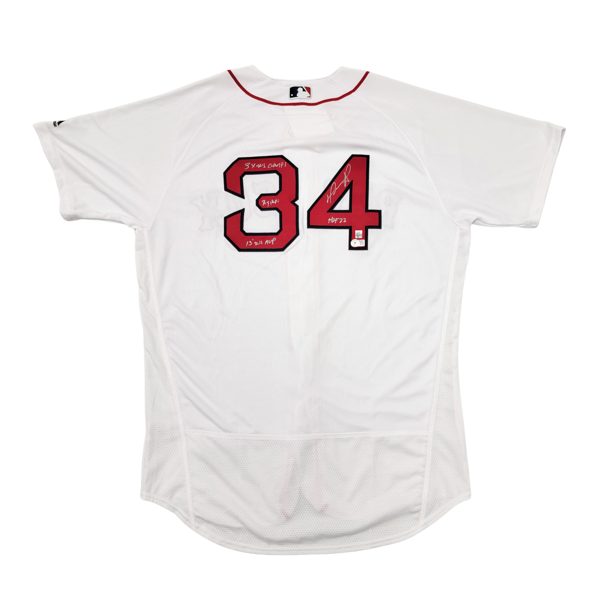 David Ortiz Autographed Boston Red Sox Majestic White Authentic Jersey W/ HOF 22,Big Papi, 3X WS Champ & 13 WS MVP Beckett Witnessed-Powers Sports Memorabilia
