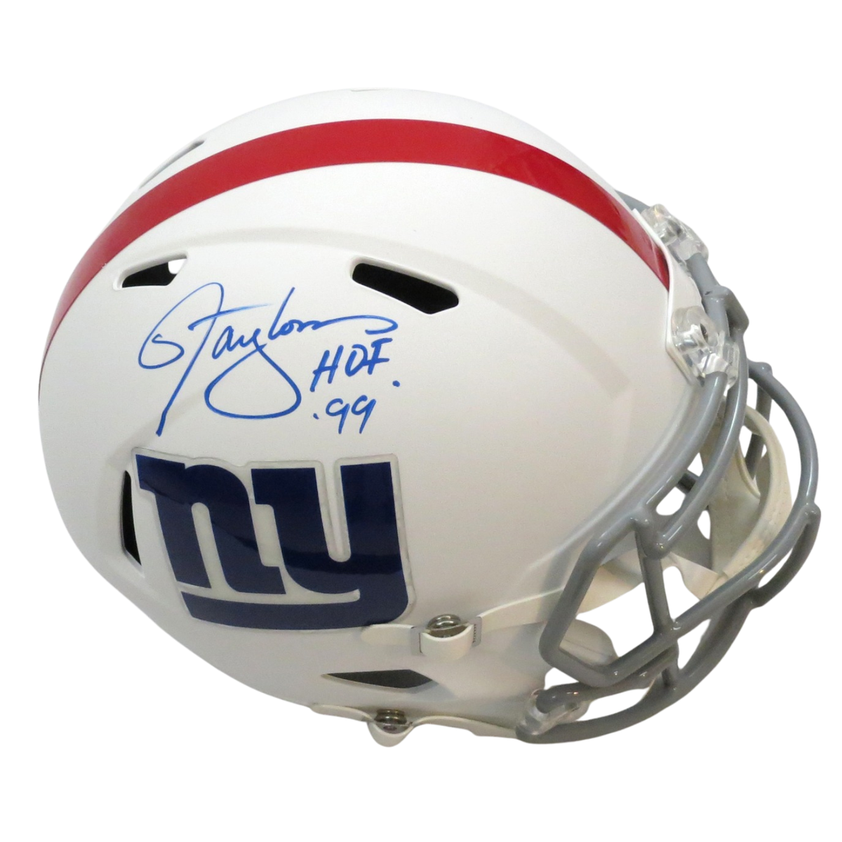 Lawrence Taylor Autographed New York Giants Riddell Matte Flat White Speed Replica Helmet W/ HOF 99 Beckett Witness-Powers Sports Memorabilia