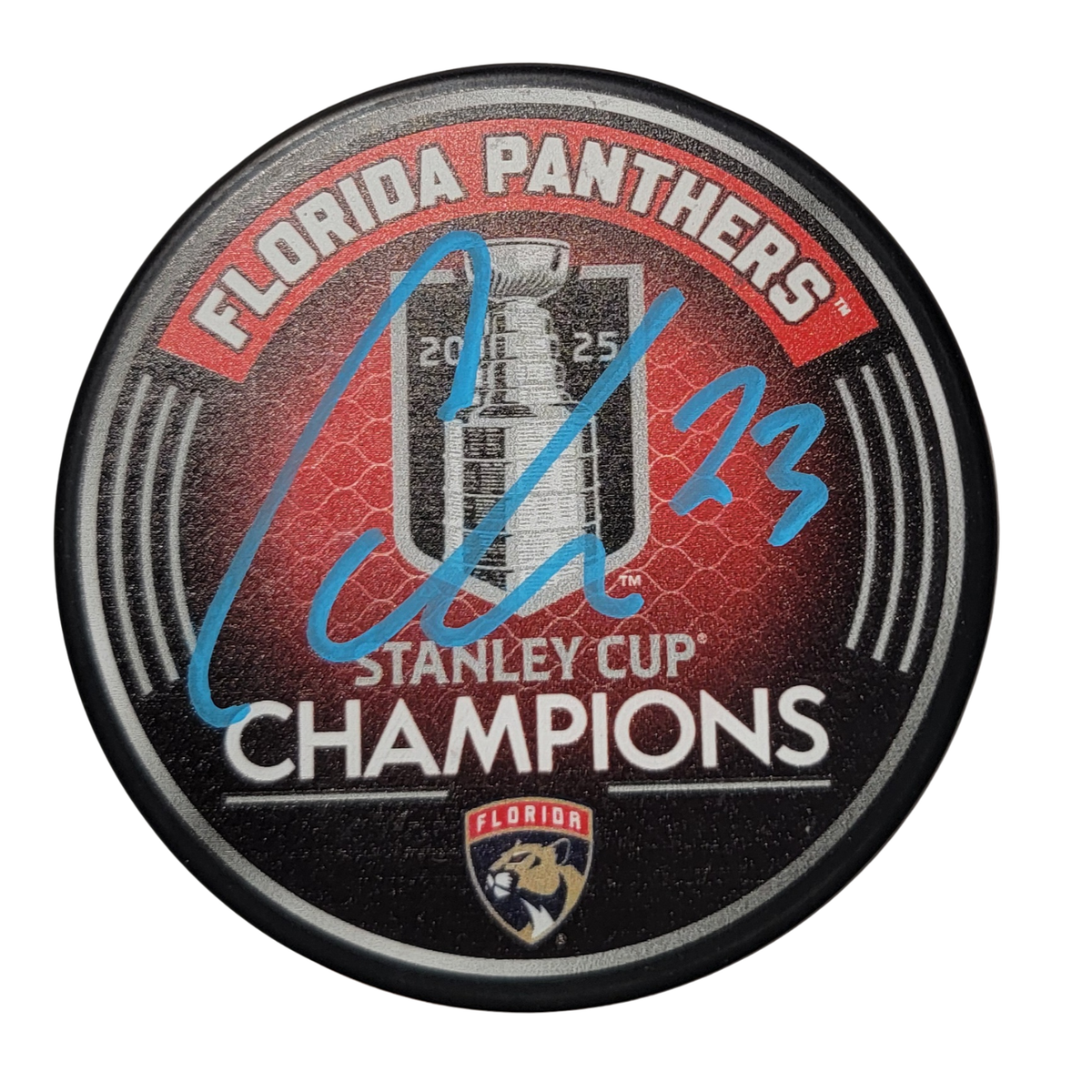 Carter Verhaeghe Signed Florida Panthers 2025 Stanley Cup Champions Puck JSA-Powers Sports Memorabilia