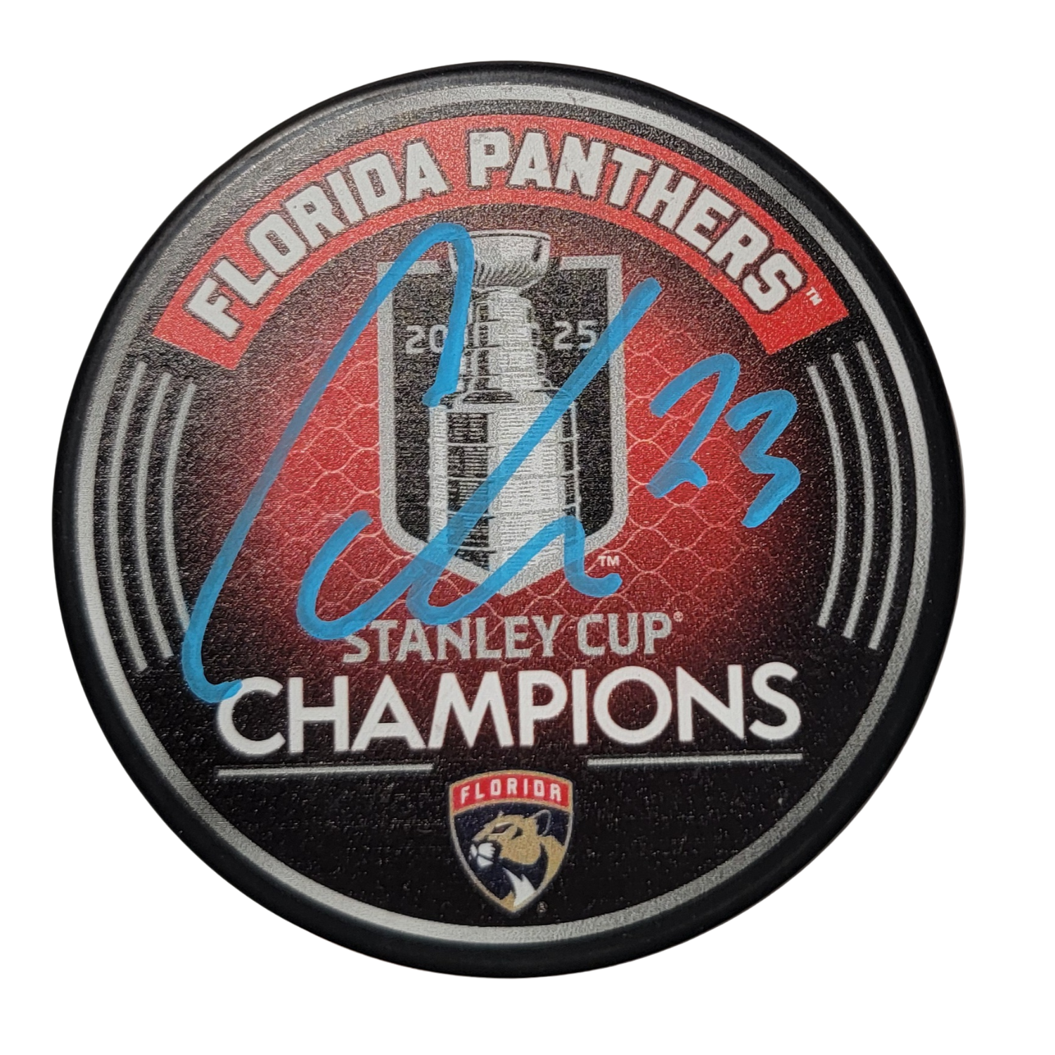 Carter Verhaeghe Signed Florida Panthers 2025 Stanley Cup Champions Puck JSA-Powers Sports Memorabilia