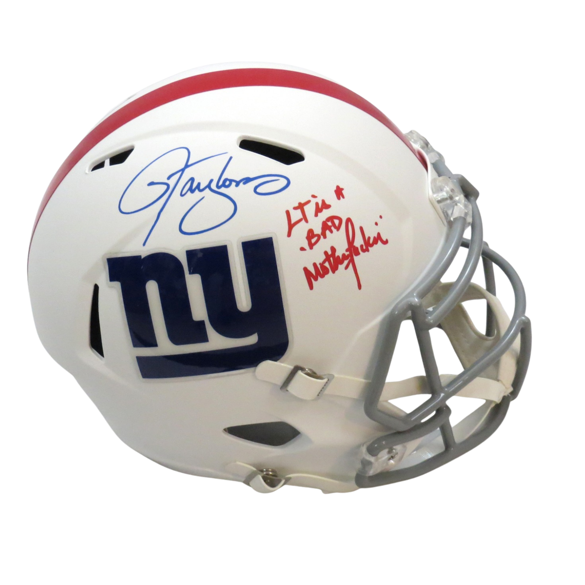 Lawrence Taylor Autographed New York Giants Riddell Matte White Speed Replica Helmet W/ LT Is A Bad Motherfucker Beckett Witness-Powers Sports Memorabilia